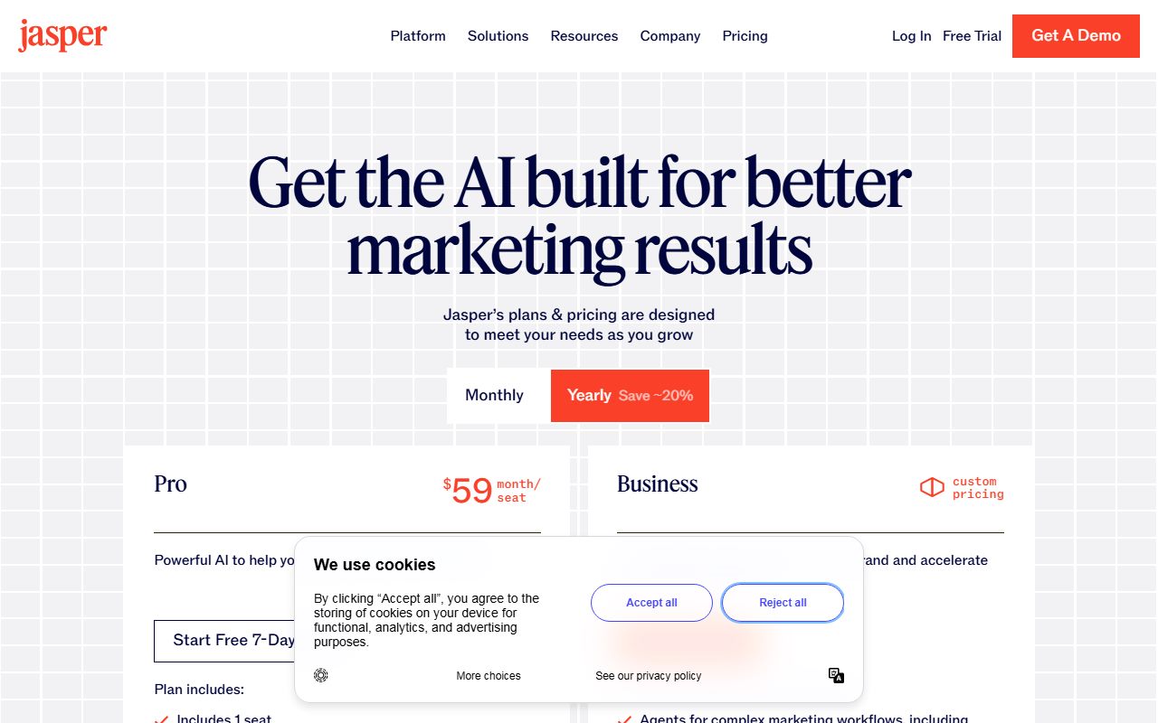 Jasper pricing (Pro at $59/month billed yearly or $69/mo per seat, Business custom with twelve-month minimum, no output cap printed), captured October 22, 2026. Figures change; the live page is the source of truth.