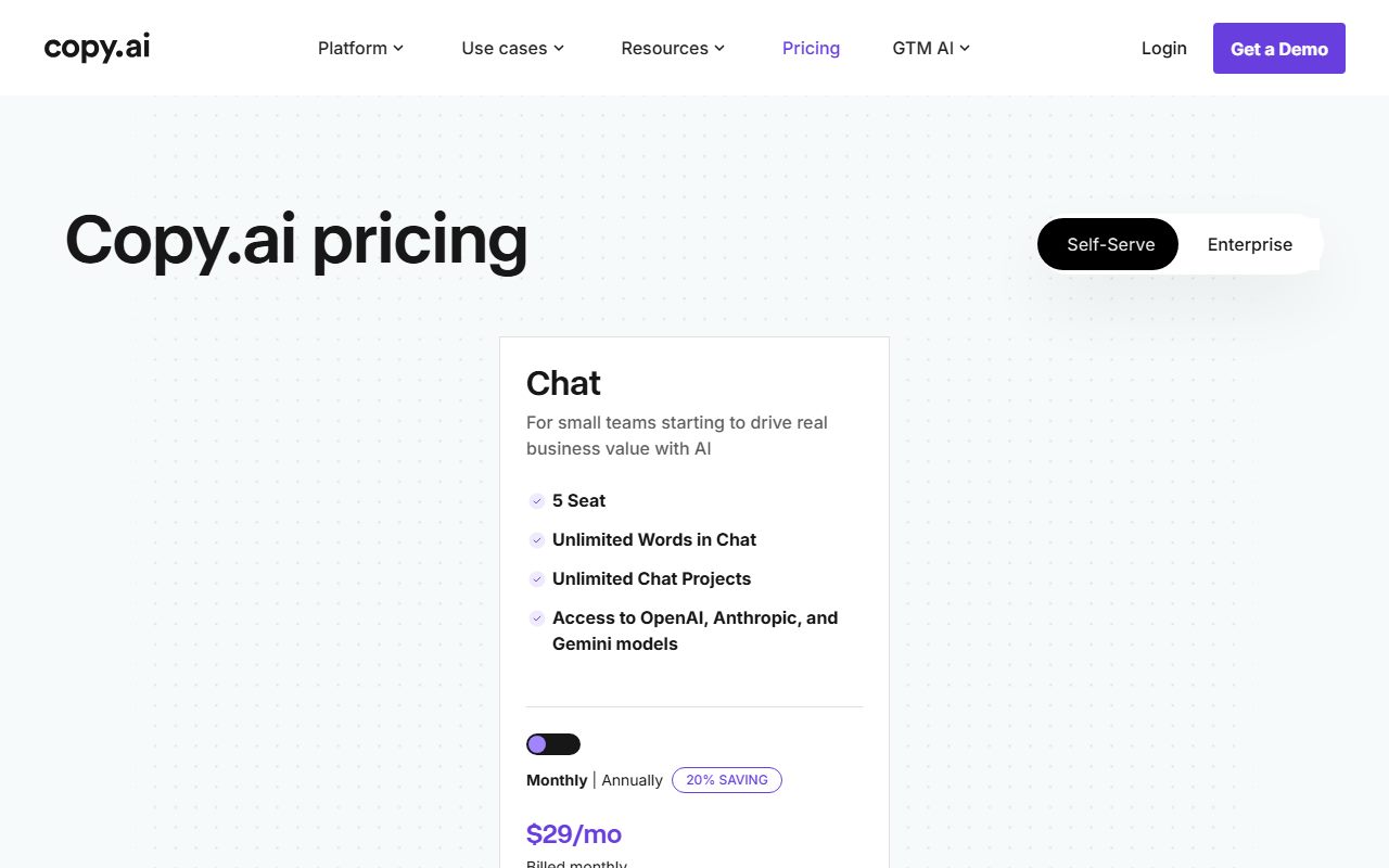 Copy.ai pricing (Chat, Growth, Expansion and Scale monthly rates, seat counts, workflow credit allowances, unlimited words in chat), captured October 22, 2026. Figures change; the live page is the source of truth.