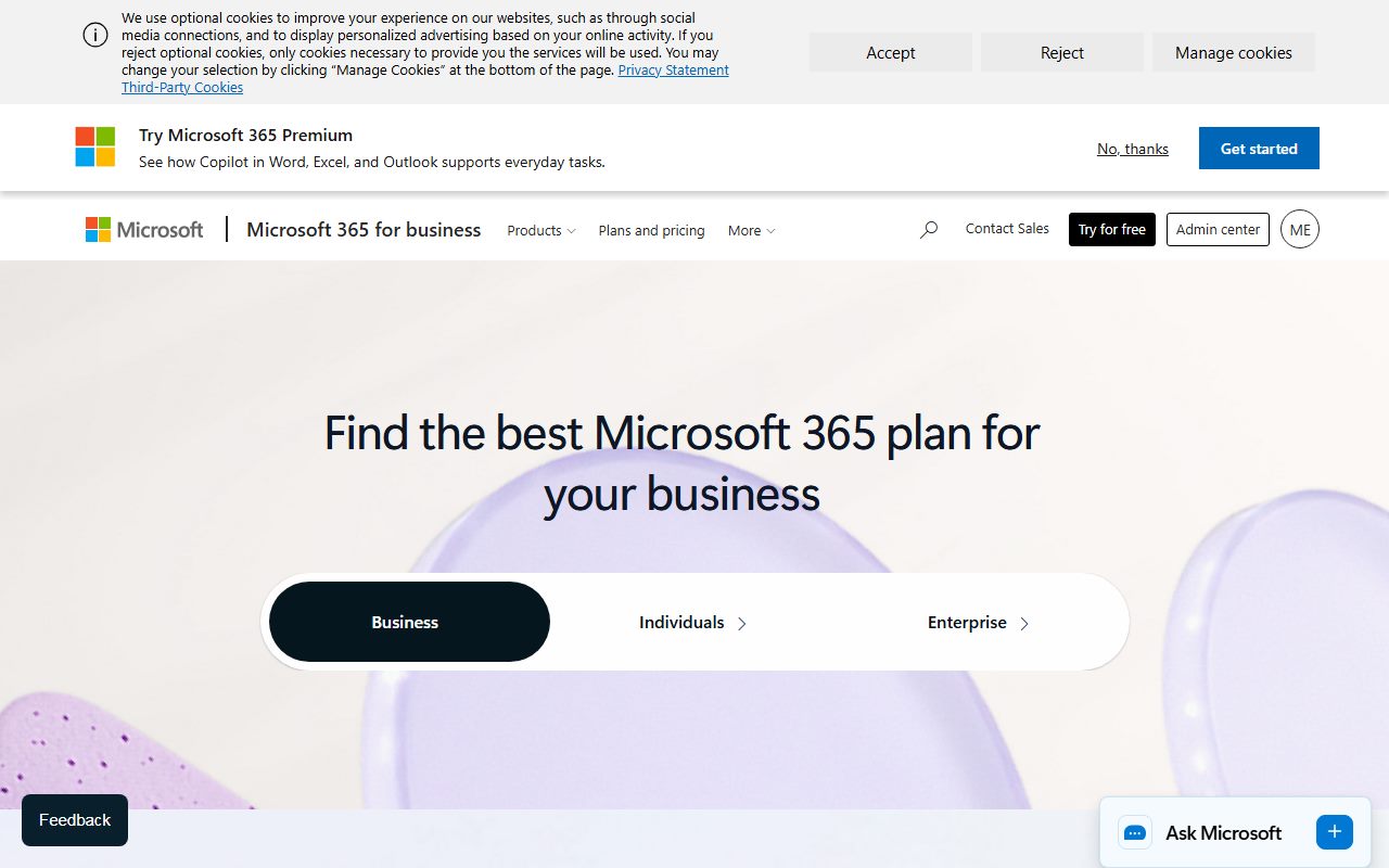 Microsoft 365 business plan comparison, US store (Business Basic $7.00 user/month paid yearly with 1 TB per user, Apps for business $10.00, Business Standard with Copilot $23.50, Business Premium with Copilot $32.00, 300-licence tenant limit, 7-day cancellation window), captured October 14, 2026. Figures change; the live page is the source of truth.