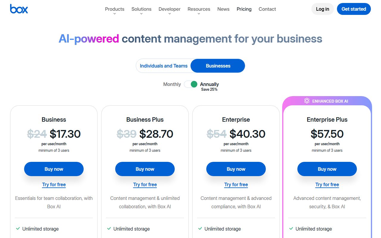 Box pricing (plan structure, 3-user minimum on every business plan, 100 GB on Business Starter, unlimited above it, 2 GB to 15 GB upload limits; plan prices did not render and a direct page dump returned a bot-protection challenge), captured October 14, 2026. Figures change; the live page is the source of truth.