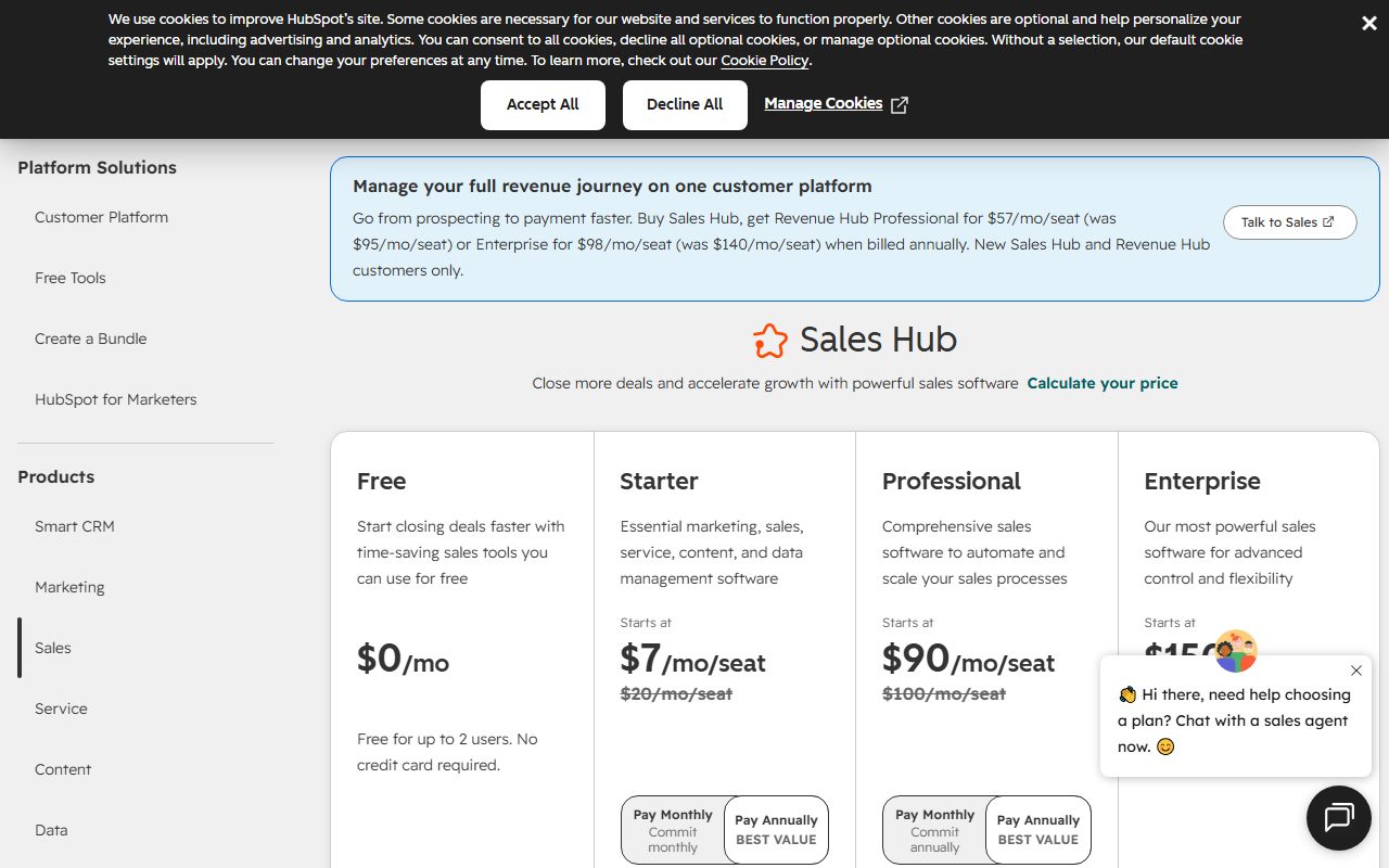 HubSpot Sales Hub pricing (seat rates, free tier cap, credits, required onboarding fees), captured October 21, 2026. Figures change; the live page is the source of truth.
