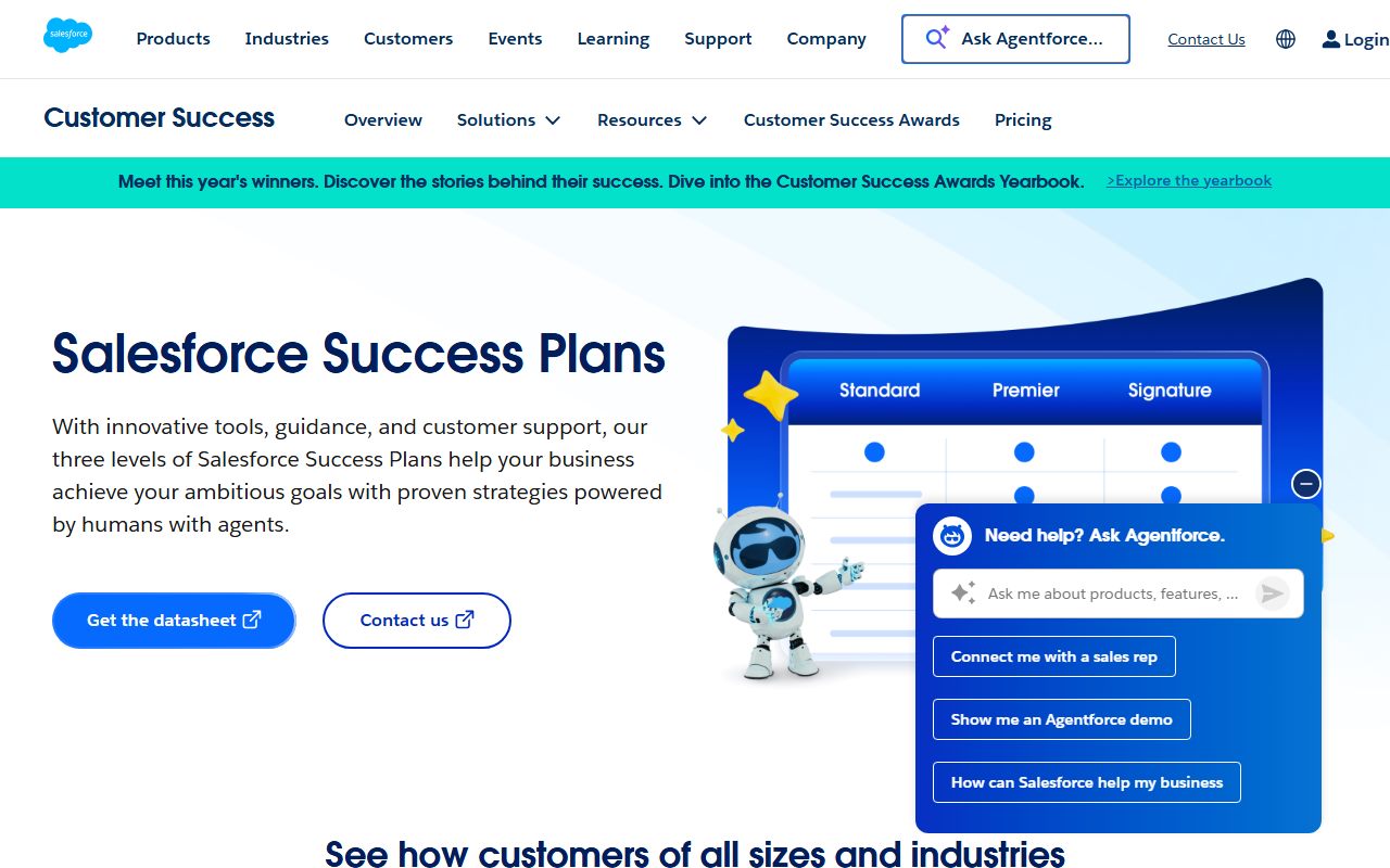 Salesforce Success Plans (Standard included, Premier at 30% of net license fees), captured October 21, 2026. Figures change; the live page is the source of truth.