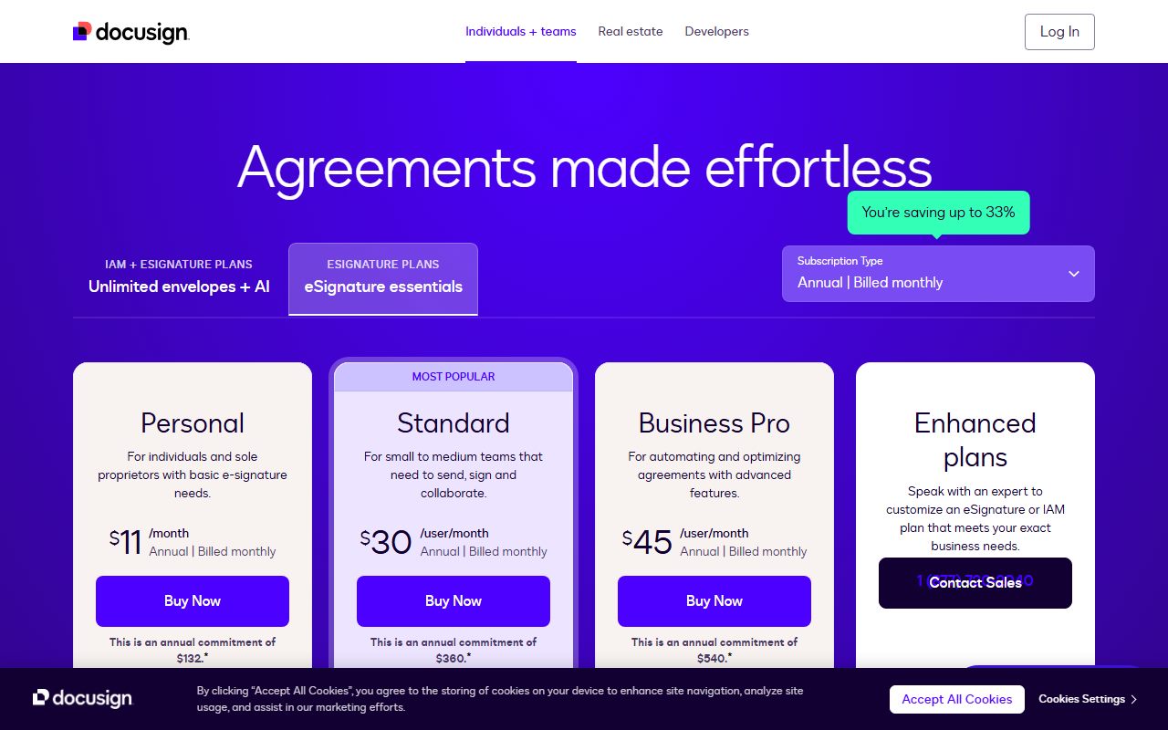Docusign eSignature plans and pricing (Personal $11 a month and $132 a year with 5 envelopes a month; Standard $30 per user per month and $360 a year; Business Pro $45 and $540; 100 envelopes per user per year; up to 50 users; 30-day refund option), captured October 15, 2026. Figures change; the live page is the source of truth.