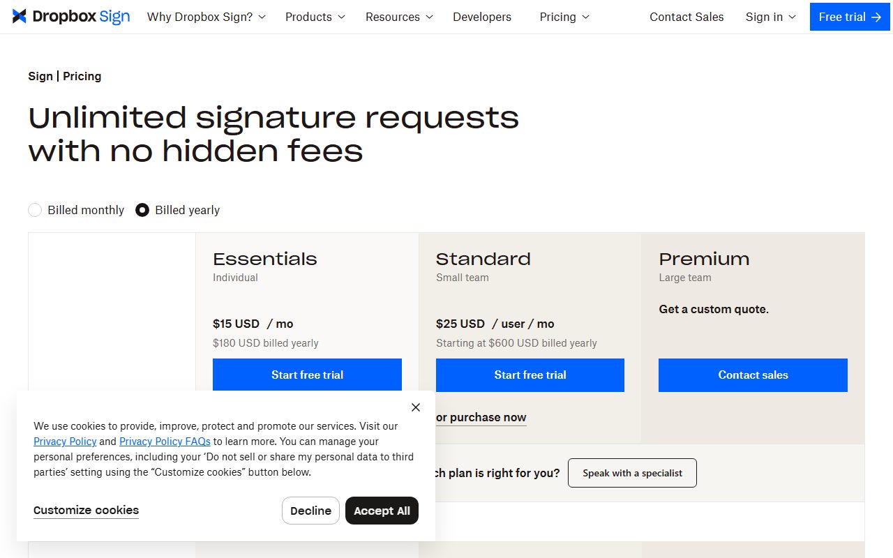 Dropbox Sign plans and pricing (Essentials $20 USD monthly and $15 USD a month yearly at $180 USD, promotional $10.05 USD at $120.60 USD; Standard $30 USD monthly and $25 USD yearly starting at $600 USD, promotional $17.50 USD starting at $420 USD; 5 and 15 templates; more than 5 users via sales; 30-day trial), captured October 15, 2026. Figures change; the live page is the source of truth.
