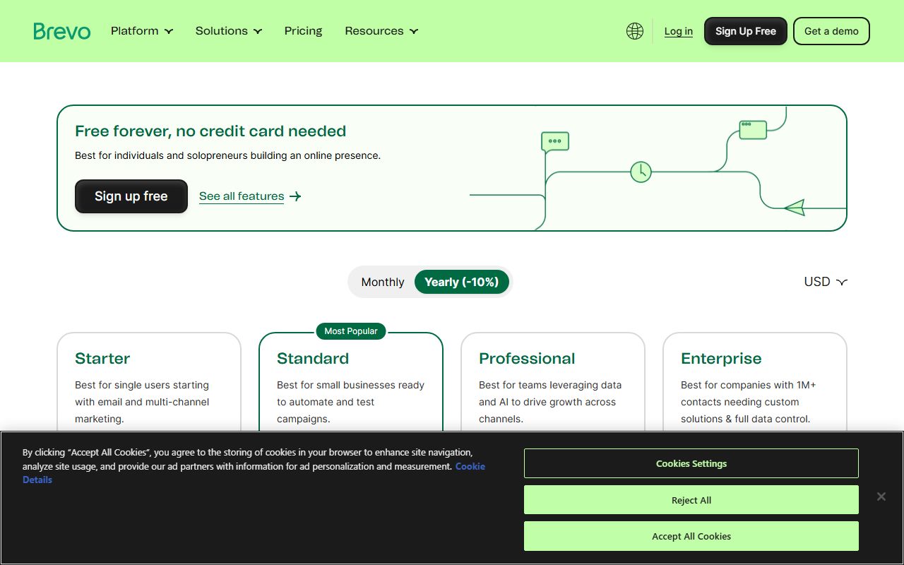 Brevo pricing, currency set to USD (Starter $9 monthly or $8.08 yearly from 5,000 emails a month; Standard $18 or $16.17; Professional $499 or $449.08 from 150,000 emails with 10 seats; Enterprise custom price), captured October 16, 2026. Figures change; the live page is the source of truth.