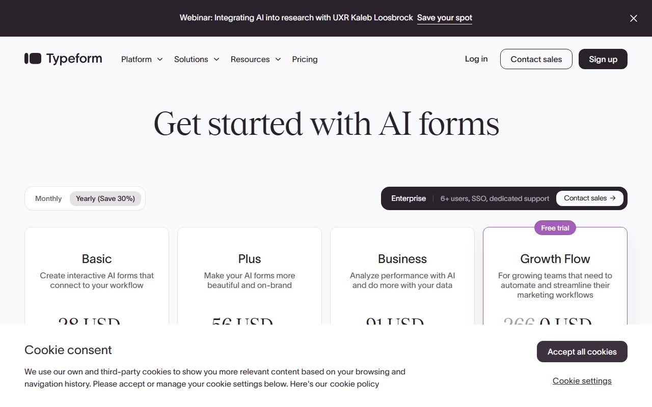 Typeform pricing (Basic $39/mo or $28/mo billed yearly, $468 annual total, 100 responses/mo base, 750 maximum, 1 user; Plus $79 or $56, $948, 1,000 base, 2,500 maximum, 3 users; Business $129 or $91, $1,548, 10,000 base, 50,000 maximum, 5 users; Growth Flow $379 or $266; Talent $169 or $119, $2,028, 3,000 base, 7,500 maximum; automation add-ons +$29/mo for 2,400 actions and +$89/mo for 12,000; figures read from the rendered pricing page), captured October 24, 2026. Figures change; the live page is the source of truth.