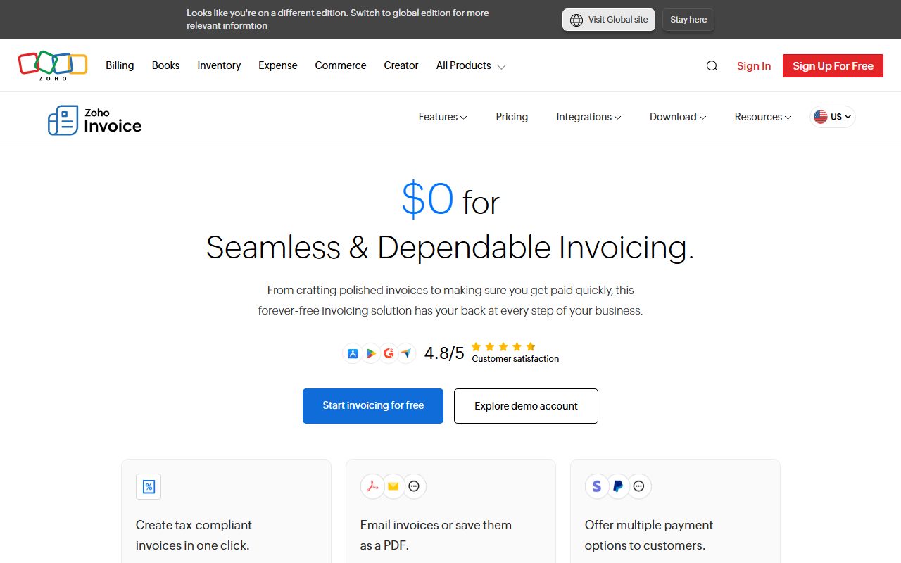 Zoho Invoice pricing ($0, described as a forever-free invoicing solution; up to two users, a maximum of three projects, up to 500 invoices per year; invoices carry Powered by Zoho Invoice branding), captured October 25, 2026. Figures change; the live page is the source of truth.