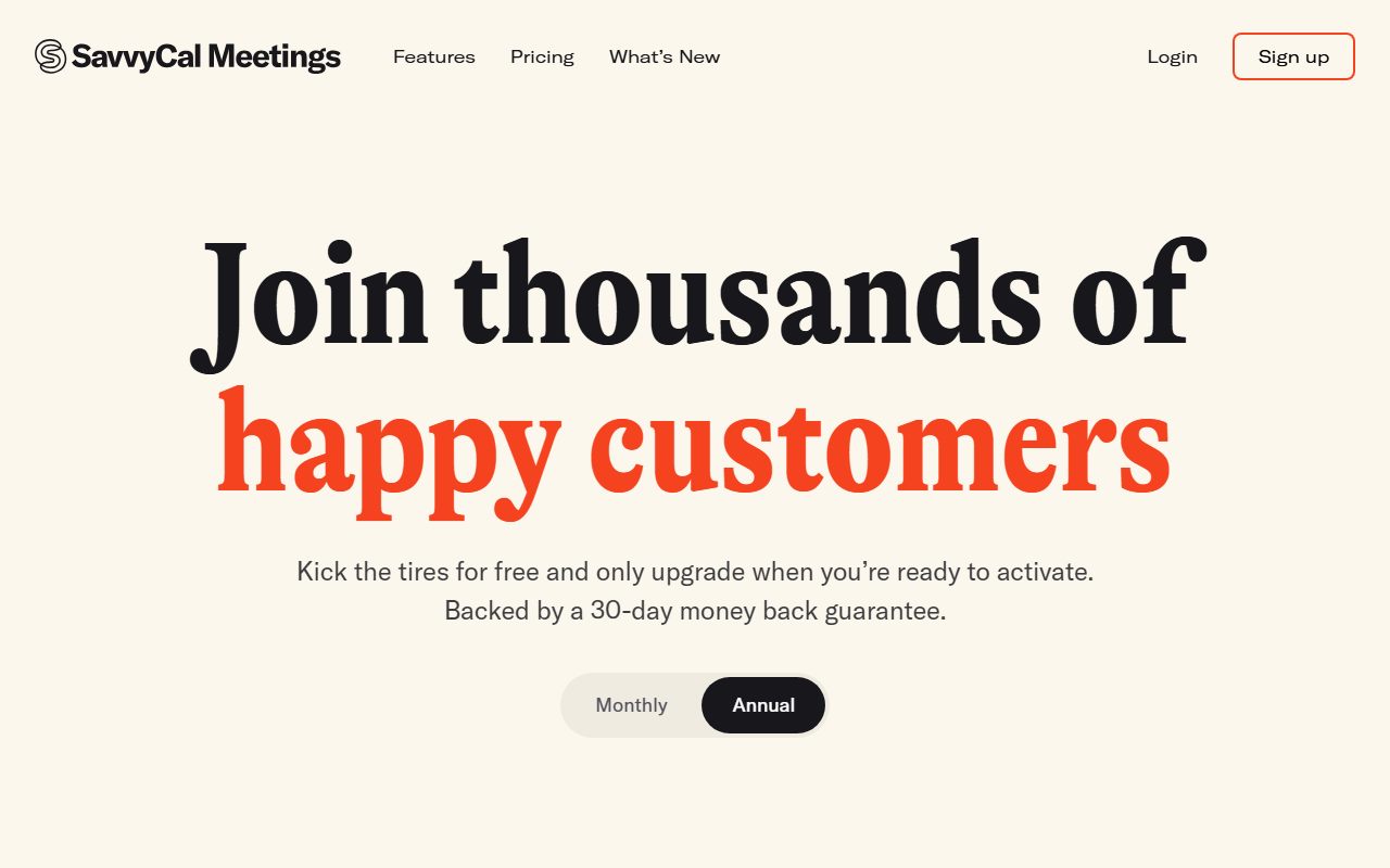 SavvyCal plans and pricing (Basic $10 per user per month, Premium $17, annual billing described as save 2 months, 30-day money back guarantee, unlimited links and calendar connections on both plans, Round Robin and Collective modes on Basic, custom domains and paid bookings on Premium only), captured October 17, 2026. Figures change; the live page is the source of truth.