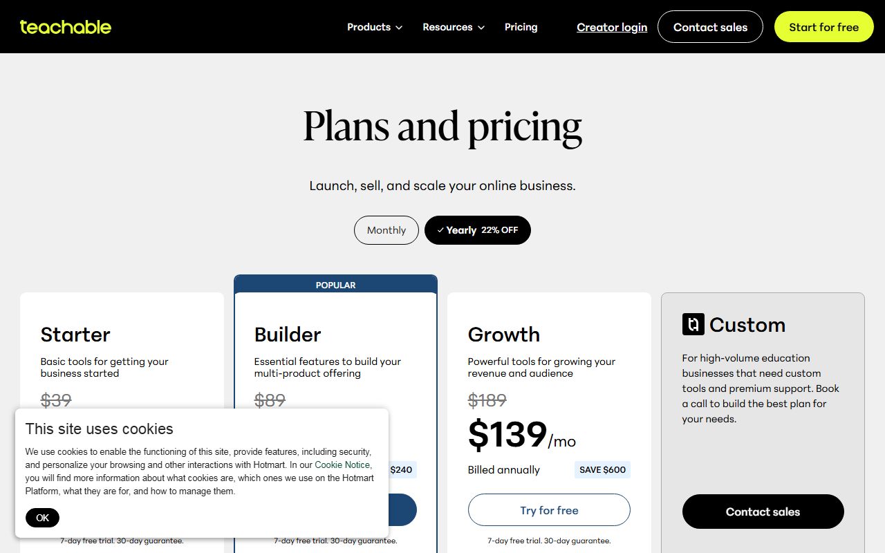 Teachable pricing (Starter $39/mo billed monthly or $29/mo billed annually saving $120, 5 products, 1 admin user, 7.5% sales transaction fee; Builder $89 or $69 saving $240, 10 products, 1 admin, 0%; Growth $189 or $139 saving $600, 50 products, 5 admins, 0%; processing 2.9% + 30c US cards, 3.9% + 30c international, 3.49% + 49c US PayPal, 4.99% + 49c international PayPal, $15 chargeback, optional BackOffice 2-2.8%; 7-day trial and 30-day guarantee; video storage up to 1 TB), captured October 26, 2026. Figures change; the live page is the source of truth.