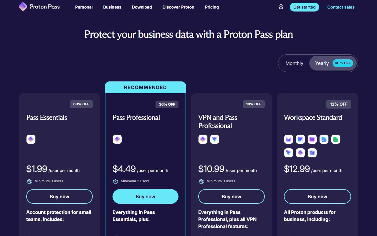 Proton Pass for Business pricing (Essentials $1.99, Professional $4.49 per user per month annually, 3-user minimum; SSO on Professional; 14-day trial), captured October 13, 2026. Figures change; the live page is the source of truth.