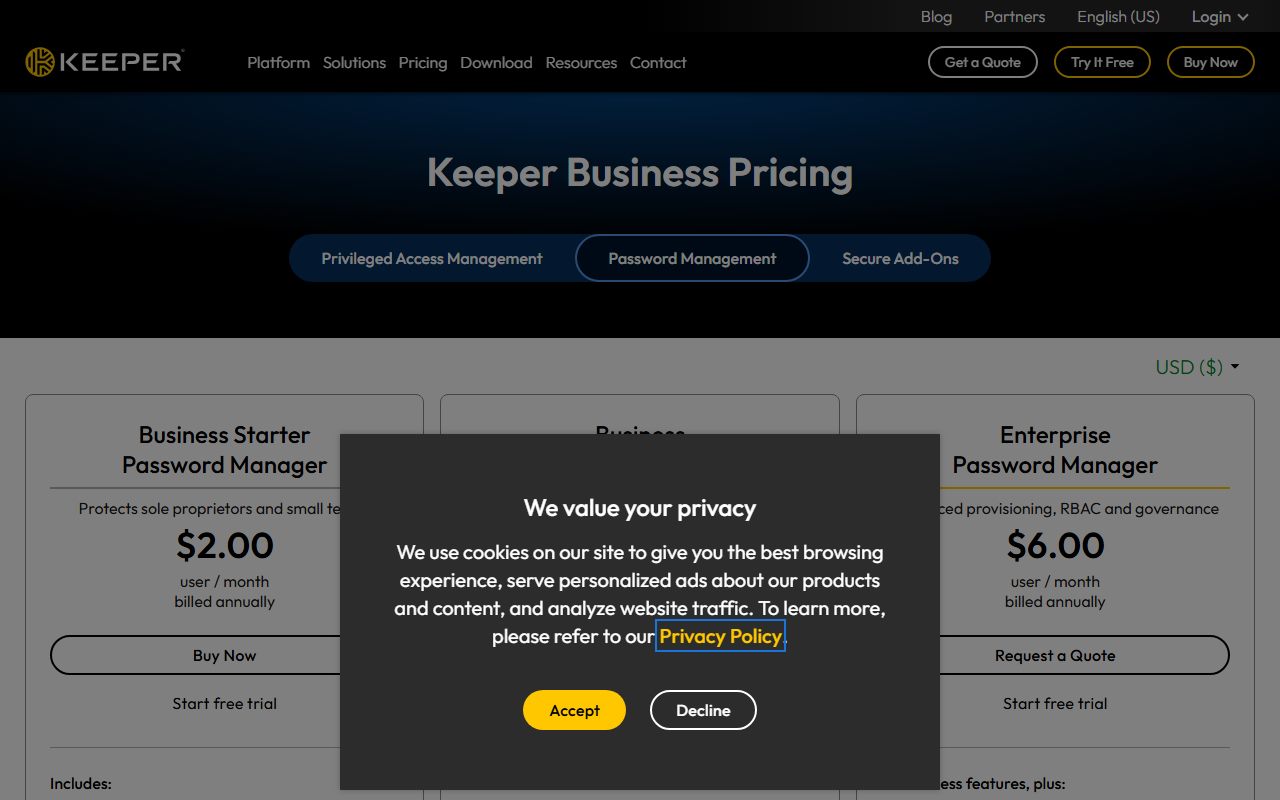 Keeper business and enterprise pricing (prices not displayed when read; Business Starter 5 to 10 users; SSO on Enterprise), captured October 13, 2026. Figures change; the live page is the source of truth.