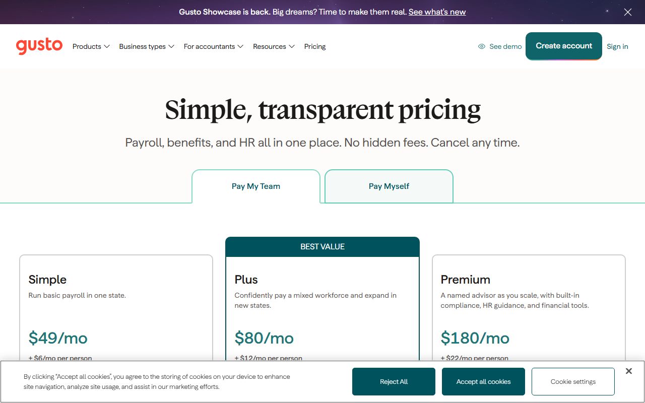 Gusto pricing (plan base and per-person rates, speed add-ons, compliance and contractor rules), captured October 23, 2026. Figures change; the live page is the source of truth.