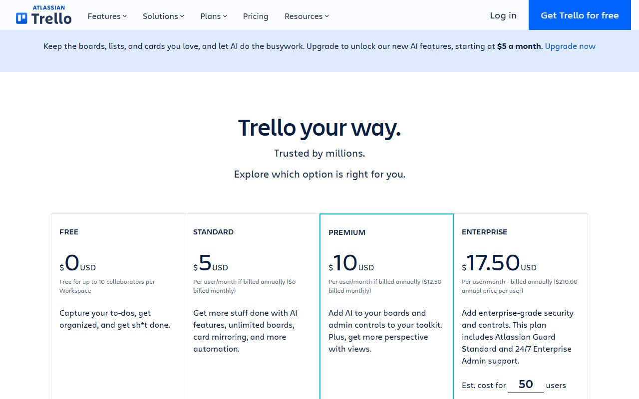 Trello pricing (Free with 10 collaborators and 250 Workspace command runs, Standard $5 USD annually and $6 monthly, Premium $10 USD and $12.50, Enterprise $17.50 USD or $210.00 per user per year), captured October 18, 2026. Figures change; the live page is the source of truth.