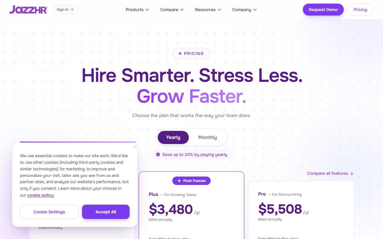 JazzHR pricing (Hero $1,000/yr billed annually with job postings starting at 3 a month; Plus $3,480/yr with up to 200 active jobs and AI-powered candidate matching; Pro $5,508/yr; paying yearly stated to save up to 24 percent; offers and eSignatures listed as an add-on on the lower tiers; a monthly toggle exists but no monthly figures rendered on either read; no user counts stated), captured October 27, 2026. Figures change; the live page is the source of truth.