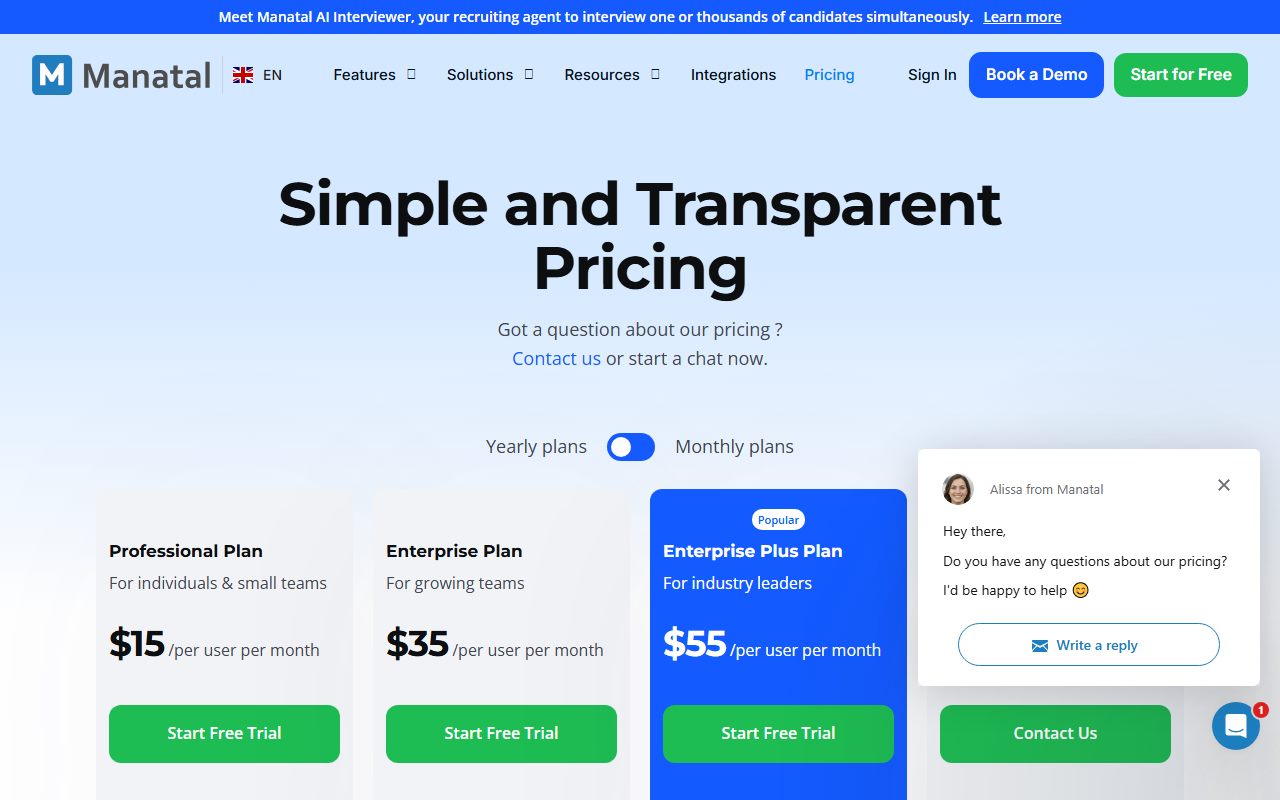 Manatal pricing (Professional $15 per user per month billed annually or $19 billed monthly, up to 15 jobs per account, up to 10,000 candidates, unlimited hiring managers; Enterprise $35 or $39 with unlimited jobs and candidates plus workflow automation; Enterprise Plus $55 or $59 with an advanced report builder; Custom on demand; all prices USD with GST added for Singaporean tax residents; 14-day free trial, no card required), captured October 27, 2026. Figures change; the live page is the source of truth.
