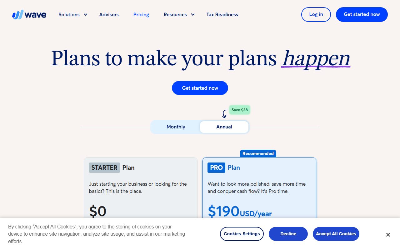 Wave pricing (Starter $0, Pro $19 a month or $190 a year; card fees 2.9% plus $0.60; payroll from $25 or $40; receipts and bookkeeping add-ons), captured October 19, 2026. Figures change; the live page is the source of truth.