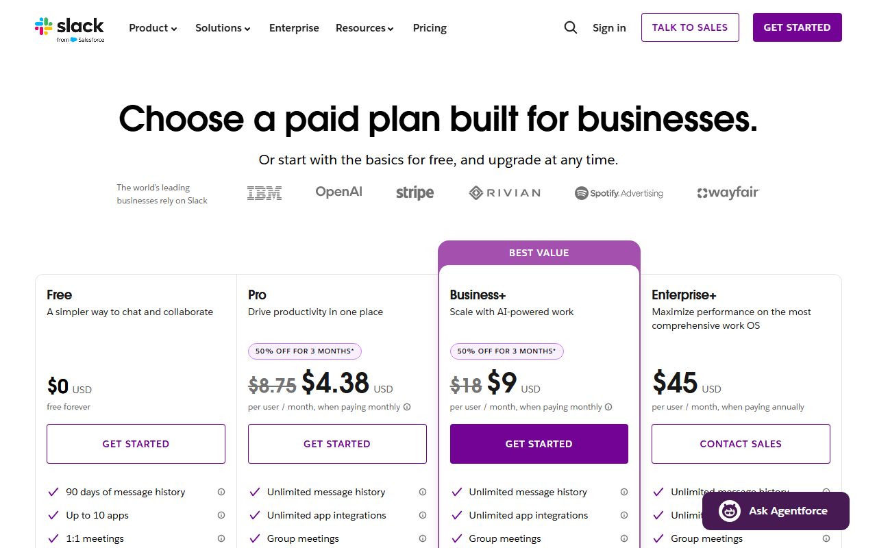 Slack pricing (Basic, Advanced and Enterprise-Grade AI by tier; Pro $7.25, Business+ $15, Enterprise+ $45 annual; Flex Credits unpriced), captured October 20, 2026. Figures change; the live page is the source of truth.