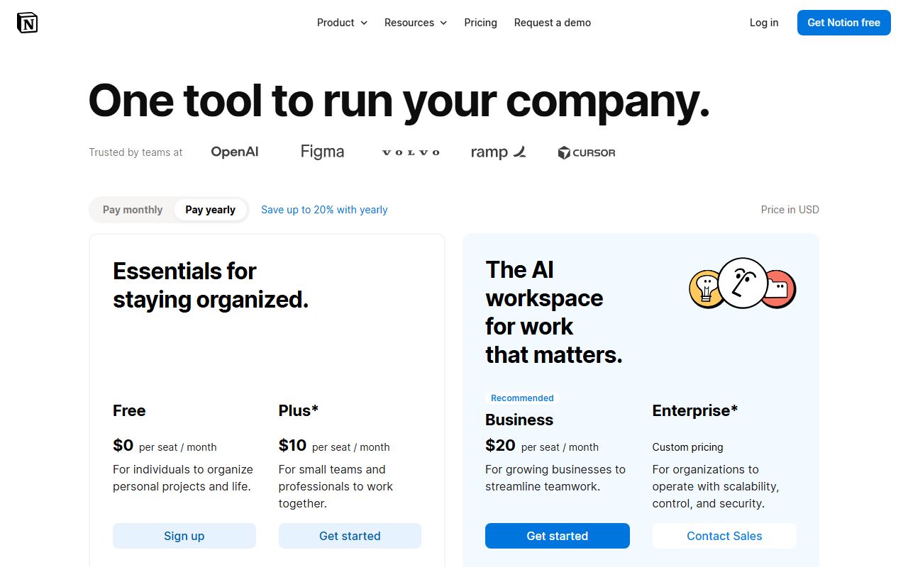 Notion pricing (AI trial on Free and Plus; Business $20 includes Notion Agent; Custom Agents $10 per 1,000 credits), captured October 20, 2026. Figures change; the live page is the source of truth.