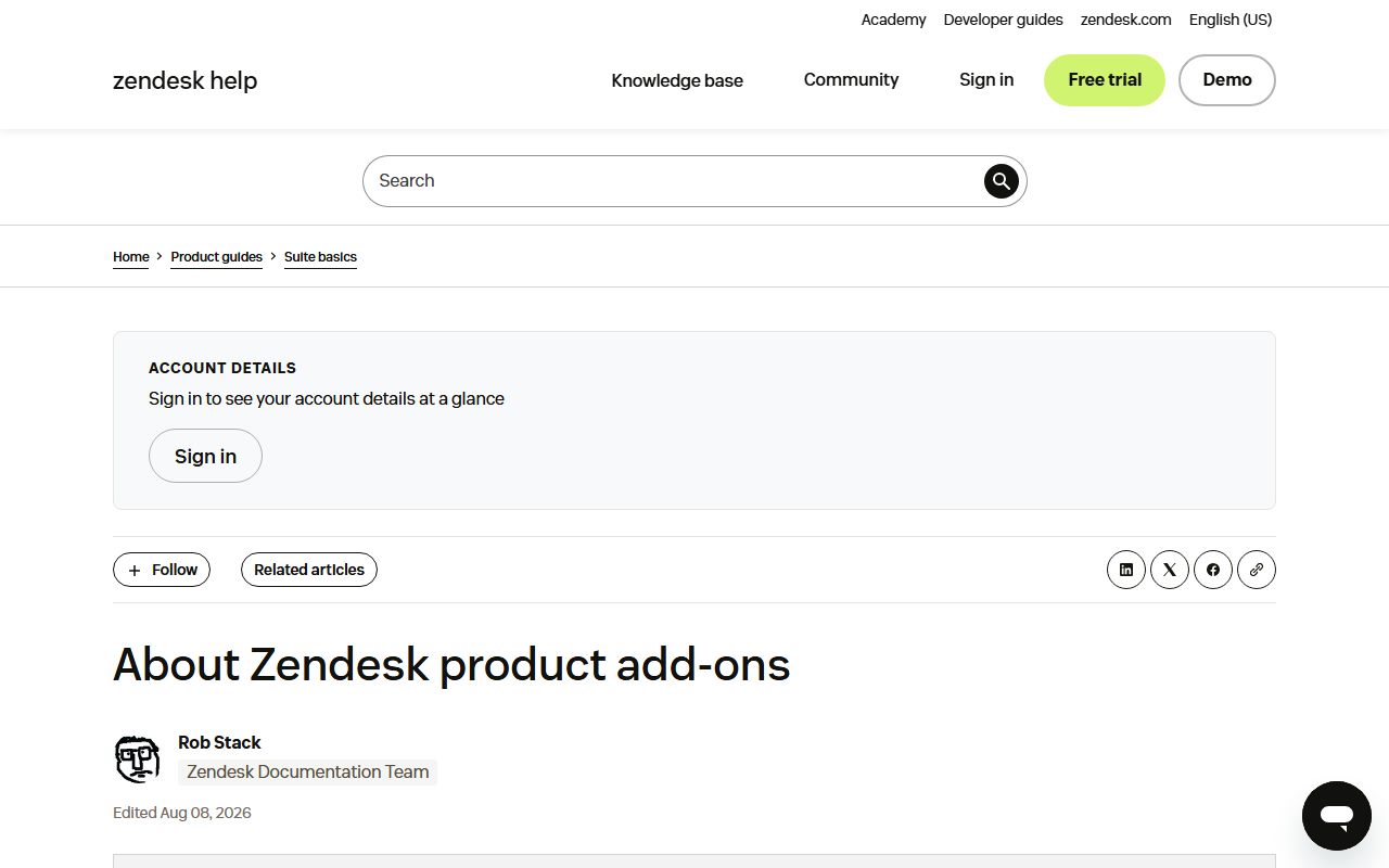 Zendesk help: About Zendesk product add-ons (light agents add-on), captured October 12, 2026. Figures change; the live page is the source of truth.