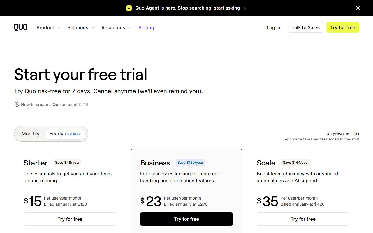 Quo pricing page, captured October 9, 2026. Figures change; the live page is the source of truth.