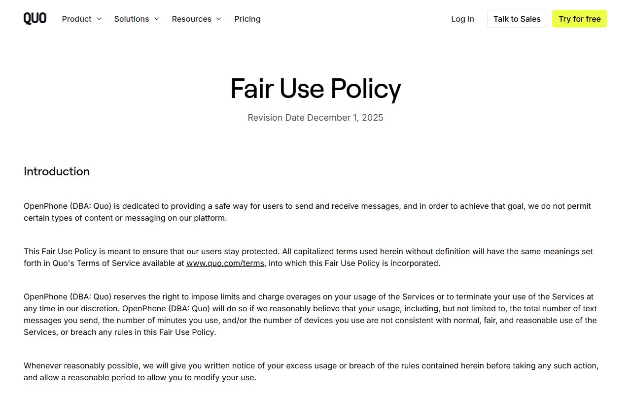 Quo fair use policy, captured October 9, 2026. Figures change; the live page is the source of truth.
